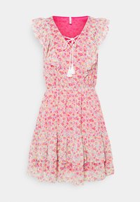 Floral dress in lightweight fabric, featuring ruffled sleeves, a V-neck with a tie front, and a multi-tiered skirt. Predominantly pink with colorful flowers.