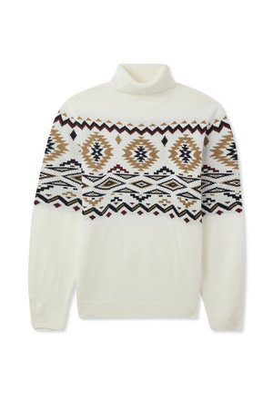 Maglione a collo alto bianco con un motivo geometrico multicolore nei toni del marrone, nero e bordeaux. Tessuto a maglia morbido e maniche lunghe.