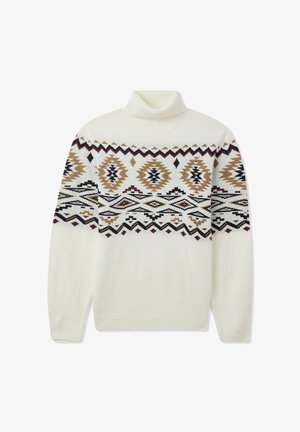 Maglione a collo alto bianco con un motivo geometrico multicolore nei toni del marrone, nero e bordeaux. Tessuto a maglia morbido e maniche lunghe.