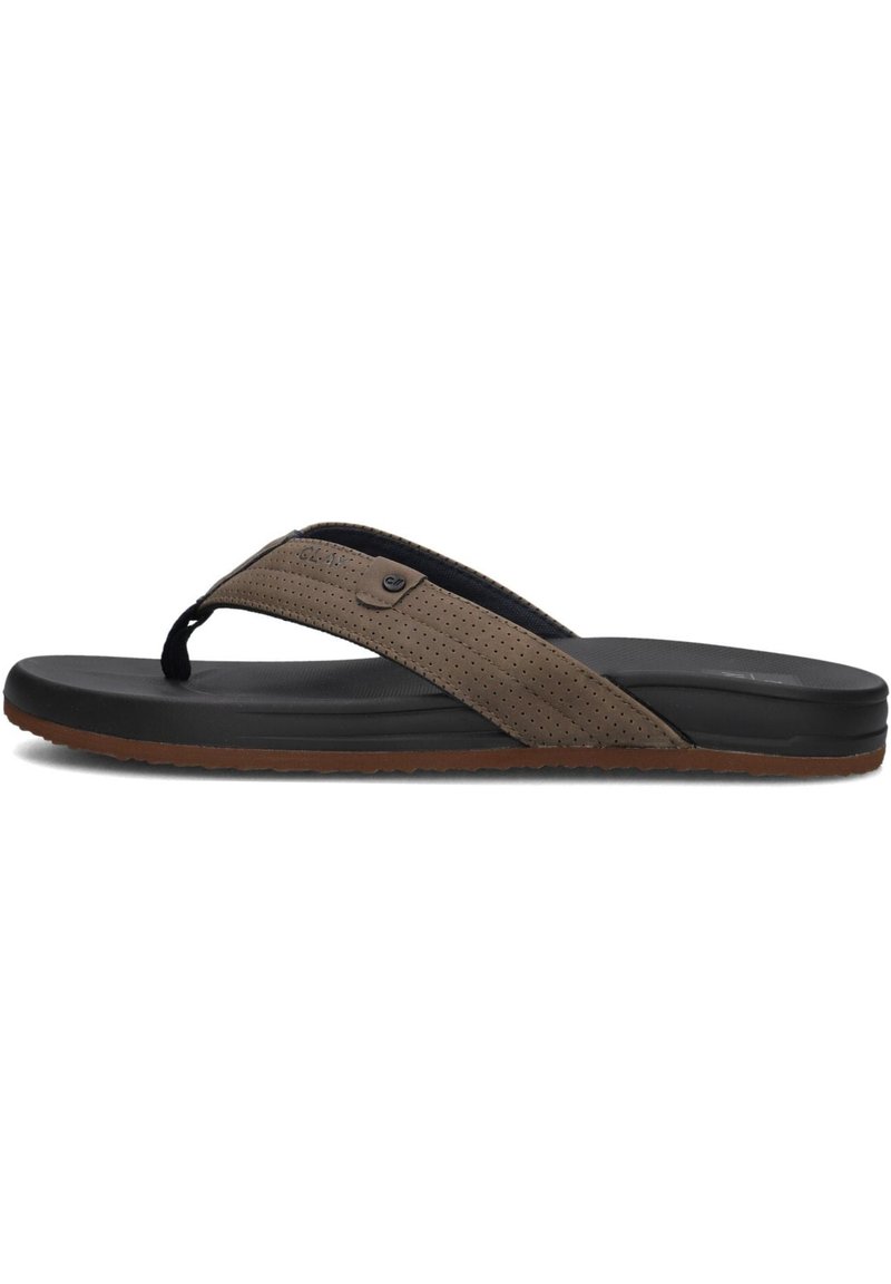 Brown leather thong sandal with perforated accents, black rubber sole, and flat footbed. Features a simple design suitable for casual wear.