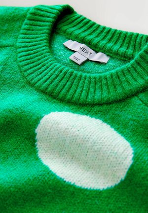 Pull vert en maille avec un motif ovale blanc et un col roulé montrant une étiquette de vêtement blanche.