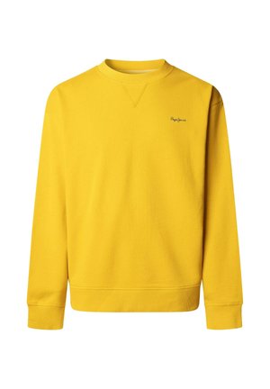 Sudadera de cuello redondo y mangas largas en color amarillo brillante con puños y dobladillo acanalados, que presenta un pequeño logo bordado en el lado izquierdo del pecho.