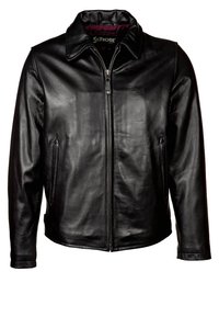 Veste en cuir noir à zip avec col, deux poches avant et un logo subtil sur le côté gauche de la poitrine.
