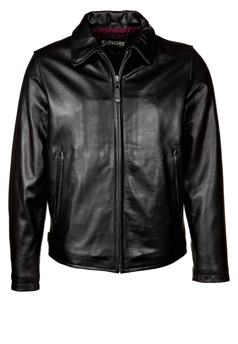 Veste en cuir noir à zip avec col, deux poches avant et un logo subtil sur le côté gauche de la poitrine.