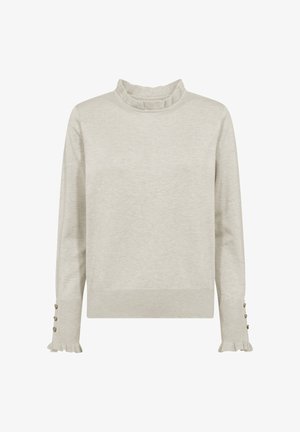 Ljusgrå tröja med hög volangkrage, långa ärmar med volangdetaljer och knappar. Mjuk, slät tygtextur.