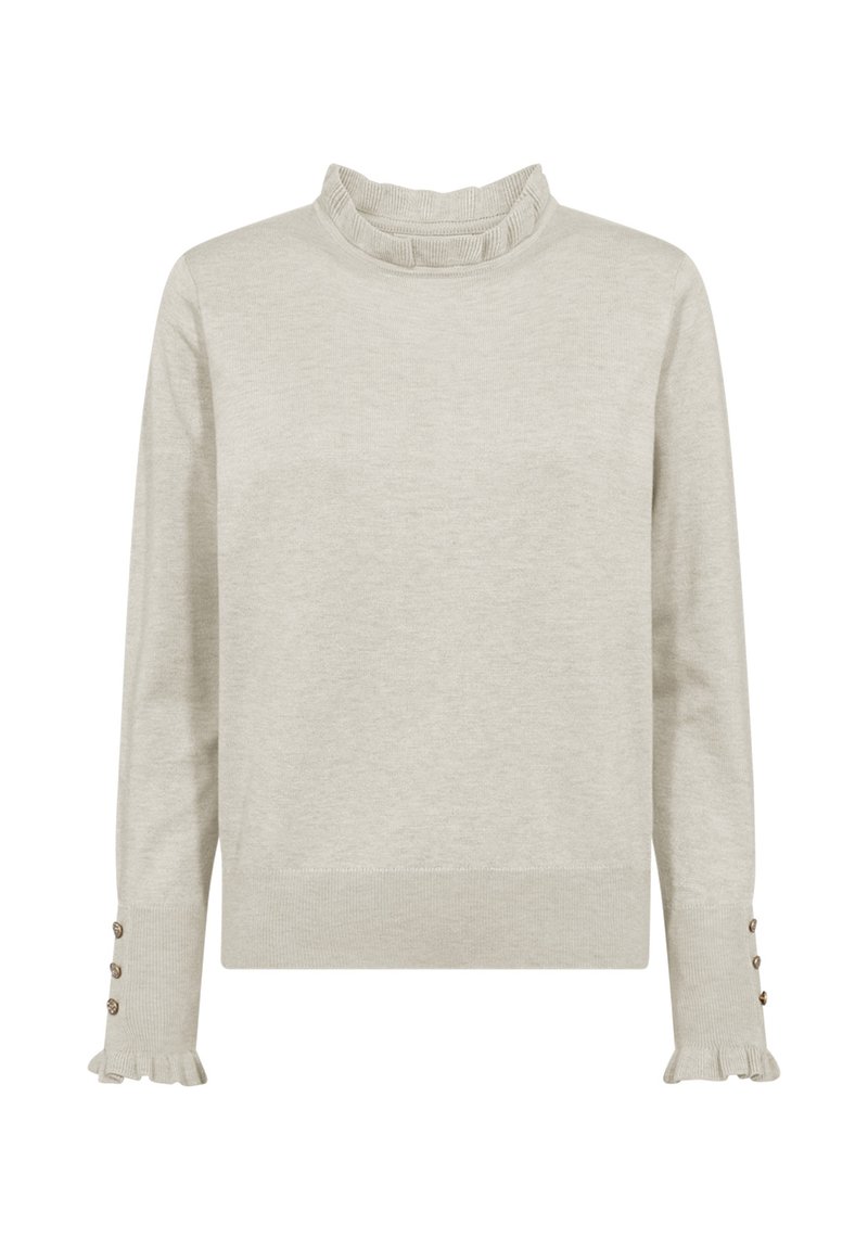 Light grey sweater with a high ruffled collar, long sleeves featuring ruffled cuffs and button accents. Soft, smooth fabric texture.