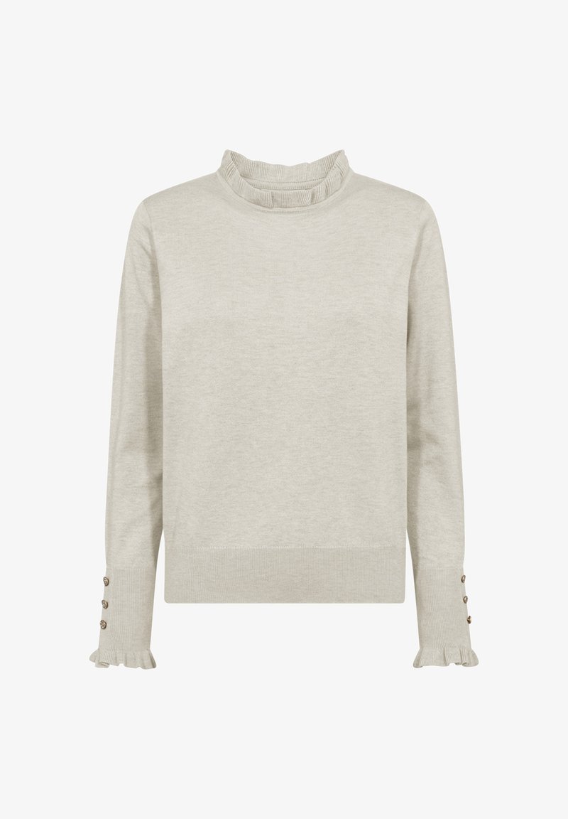 Hellgrauer Pullover mit hohem, gerafftem Kragen, langen Ärmeln mit gerafften Bündchen und Knopfverzierungen. Weiche, glatte Stofftextur.