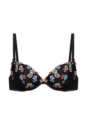 Schwarzer gepolsterter BH mit verstellbaren Trägern und mehrfarbigen, bestickten Blumenmustern, die die Körbchen bedecken.