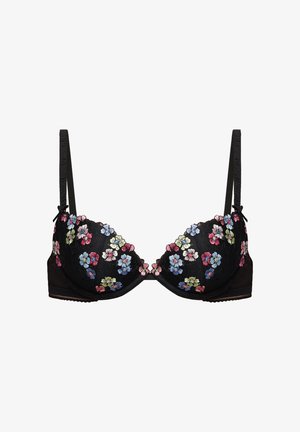 Reggiseno imbottito nero con spalline regolabili e motivi floreali ricamati multicolori che coprono le coppe.