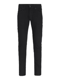 Mustad denim püksid, kitsas lõige, lukuga esikülg, vöökohaga nööbid, ees taskud ja ilma nähtavate mustrite või kaunistusteta.