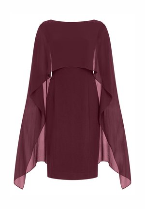 Abito bordeaux al ginocchio con maniche lunghe a mantella trasparenti e scollo a barca.