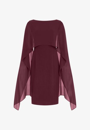 Abito bordeaux al ginocchio con maniche lunghe a mantella trasparenti e scollo a barca.