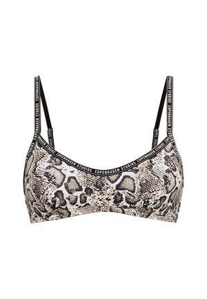 Top tipo bra con estampado de serpiente en negro y beige, tirantes finos ajustables y texto "Copenhagen Studios" en los tirantes y en el borde superior.
