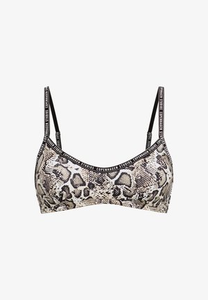 Fekete és bézs kígyómintás bra top, vékony állítható pántokkal, valamint "Copenhagen Studios" felirattal a pántokon és a felső szélén.