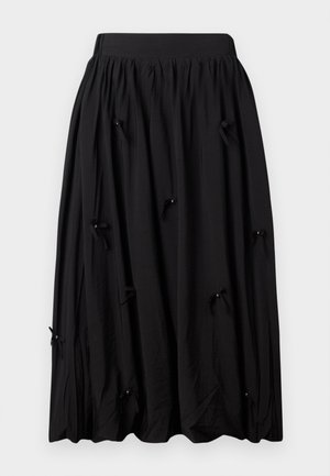 Gonna nera realizzata in tessuto morbido, con una vita arricciata, design fino al ginocchio e piccoli fiocchi con perline a intervalli.