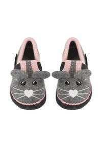 Grijze gevoerde slippers met roze accenten, voorzien van een kattenontwerp met ogen, snorharen en een hartvormige neus. Instapmodel met een gestructureerde rand.