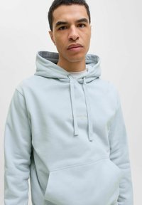 Sudadera azul claro de material suave; cuenta con un bolsillo frontal, capucha con cordón y un sutil logo bordado por encima del bolsillo.