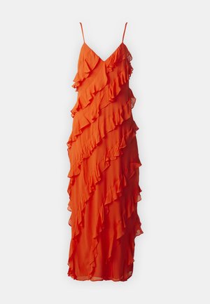 Red, sleeveless dress with a deep V-neck, featuring multiple ruffled layers cascading vertically. Made of lightweight, sheer fabric.