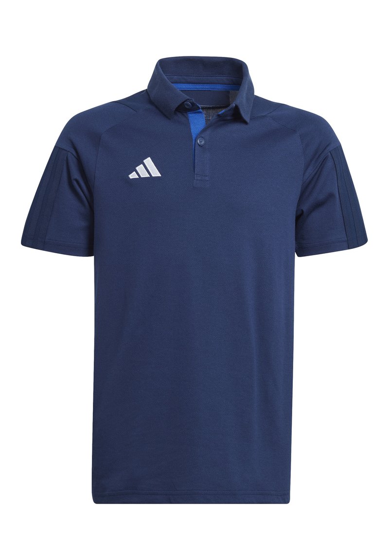 Navyblauwe polo met korte mouwen, een kraag en een knoopsluiting met drie knopen. Heeft het Adidas-logo in het wit op de linkerborst.