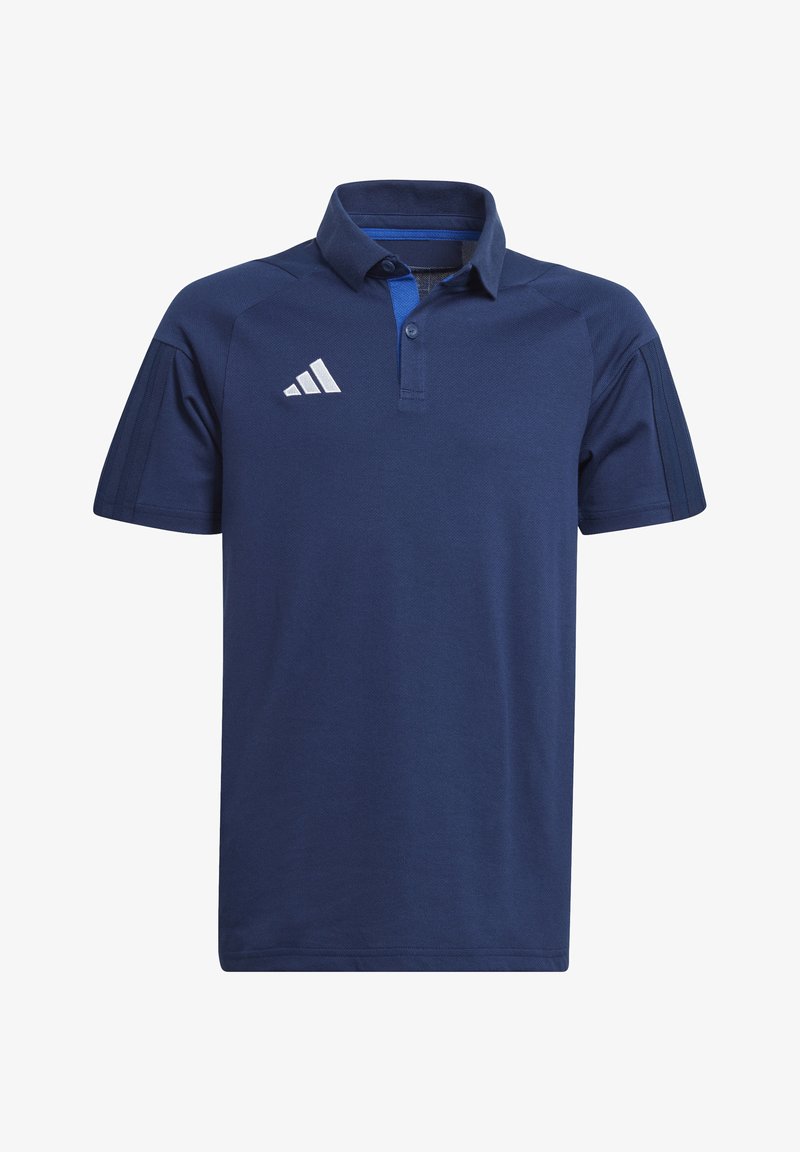 Navyblauwe polo met korte mouwen, een kraag en een knoopsluiting met drie knopen. Heeft het Adidas-logo in het wit op de linkerborst.