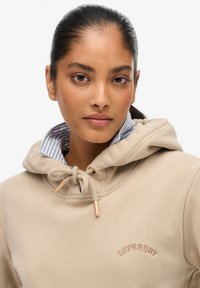 Beige capuchontrui met een trekkoord en gestreepte voering. Voorzien van goudkleurig beslag en een geborduurd "Superdry"-logo op de borst.