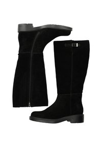 Botas de ante negras hasta la rodilla con suela de goma plana, cremallera lateral y un detalle de hebilla en el eje para un ajuste ajustable.