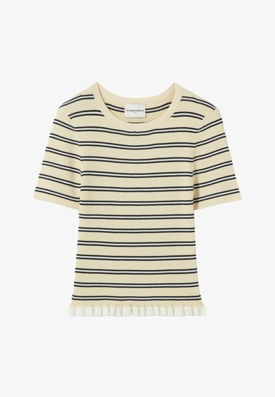 Top de manga corta a rayas en crema con rayas horizontales azul marino, textura acanalada y dobladillo con volantes. Etiqueta en el cuello.