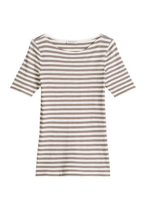 Chemise à manches courtes beige à rayures horizontales blanches, avec un large col rond, posée à plat sur fond blanc.