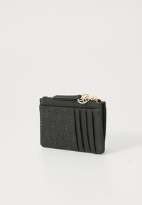 Black wallet with textured surface, featuring a logo pattern, gold zipper hardware, and multiple card slots on one side.