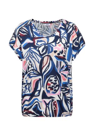 Haut décontracté à manches courtes avec motifs floraux et feuilles abstraits dans des tons bleu marine, bleu, rose, blanc et bordeaux, col rond.