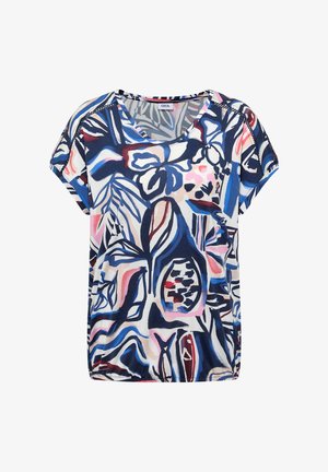 Top casual a maniche corte con motivi floreali e fogliari astratti nei toni del blu navy, blu, rosa, bianco e bordeaux, scollo rotondo.