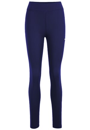 Leggings blu navy con vita alta, realizzati in tessuto elastico. Presentano un piccolo logo sul fianco. Texture liscia e design aderente.