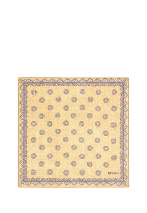 Beige square scarf with brown circular patterns evenly spaced and a decorative scalloped border, branded with "Doggi Milano" text.