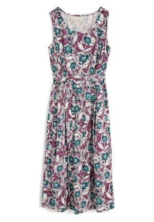 Robe midi sans manches avec col rond, ceinture à la taille et imprimé floral avec des fleurs turquoise et blanches sur fond violet.