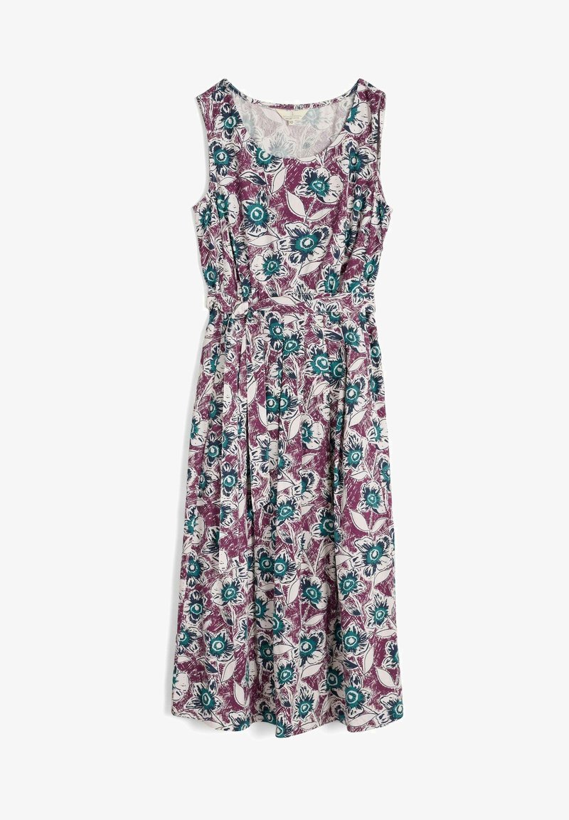 Robe midi sans manches avec col rond, ceinture à la taille et imprimé floral avec des fleurs turquoise et blanches sur fond violet.
