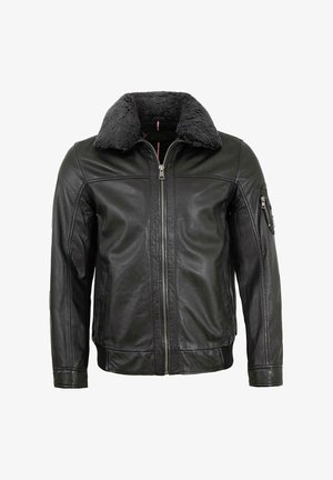 Schwarze Lederjacke mit einem grauen Fellkragen, durchgehendem Reißverschluss, seitlichen Taschen und einer zusätzlichen Tasche am linken Ärmel. Glatte Oberfläche.