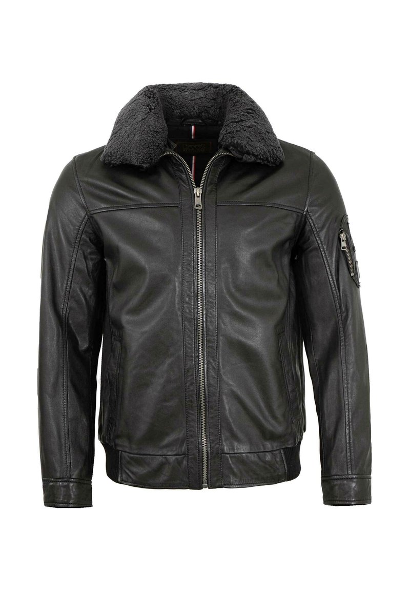 Schwarze Lederjacke mit einem grauen Fellkragen, durchgehendem Reißverschluss, seitlichen Taschen und einer zusätzlichen Tasche am linken Ärmel. Glatte Oberfläche.