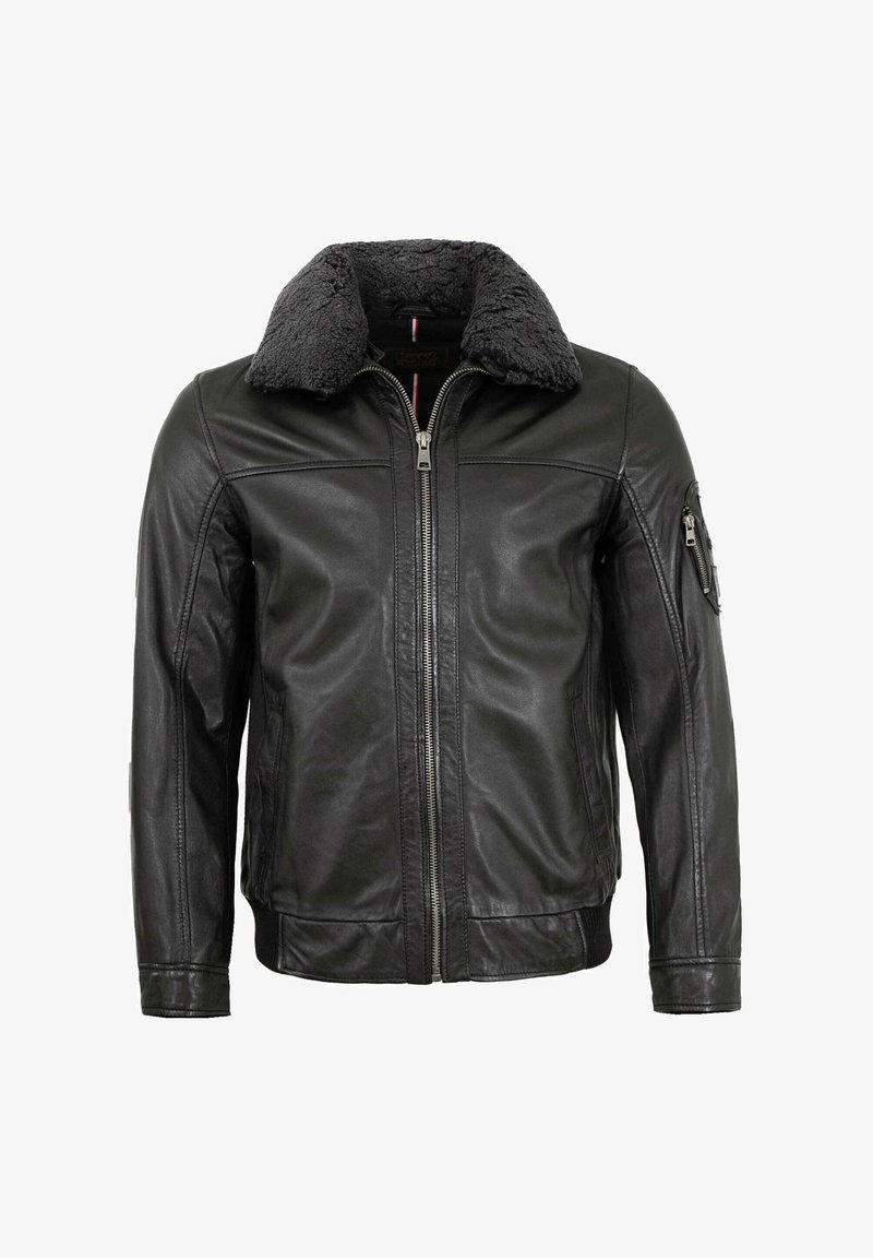 Schwarze Lederjacke mit einem grauen Fellkragen, durchgehendem Reißverschluss, seitlichen Taschen und einer zusätzlichen Tasche am linken Ärmel. Glatte Oberfläche.