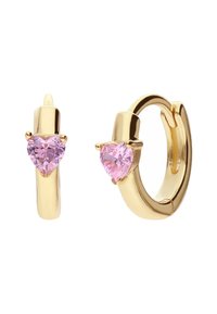 Gouden creolen met hartvormige roze kristallen. Stijlvol design met een gepolijste afwerking en een veilige sluiting.