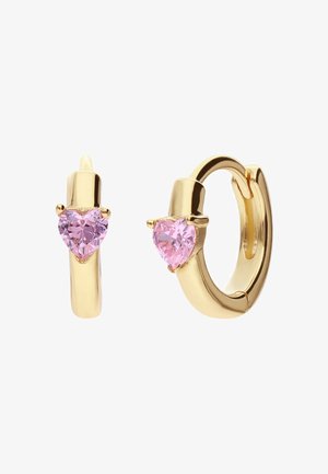 Gouden creolen met hartvormige roze kristallen. Stijlvol design met een gepolijste afwerking en een veilige sluiting.