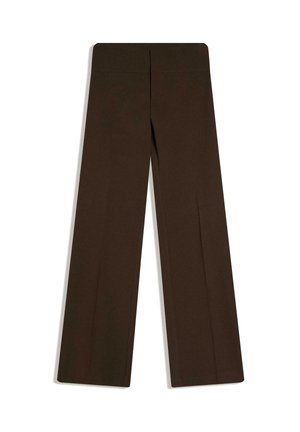 Mørkebrune, vidde-ben bukser med høj talje og et rent forstykke uden synlige lommer eller lukninger.