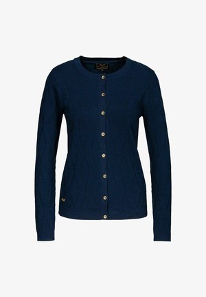 Marineblauwe lange mouwen cardigan met ronde halslijn, gouden knopen aan de voorkant, subtiel gestructureerd patroon en een klein gouden logo vlakbij de zoom.
