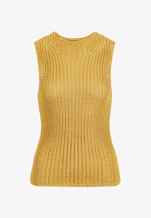 Ärmelloses Stricktop in senfgelb mit hohem Rundhalsausschnitt und strukturierter, offen gewebter Musterung.