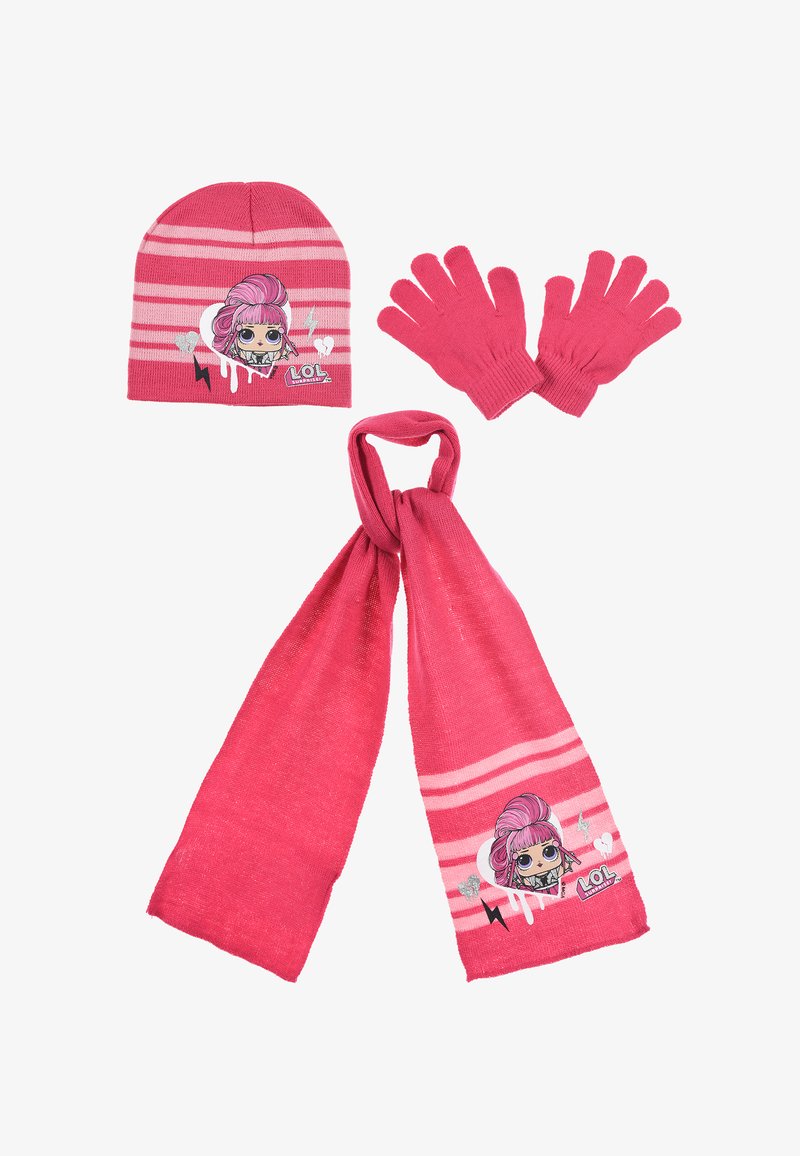 Pink knit hat with horizontal stripes, gloves, and a scarf featuring a character graphic. Knit texture with shiny accents on the scarf.