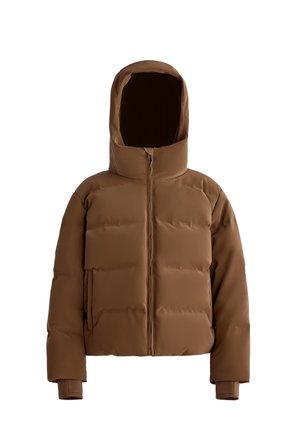Braune Pufferjacke mit Kapuze, mit einem Reißverschluss vorne, steppierten Abschnitten und elastischen Bündchen. Glatte, matte Oberfläche und eine boxy Silhouette.