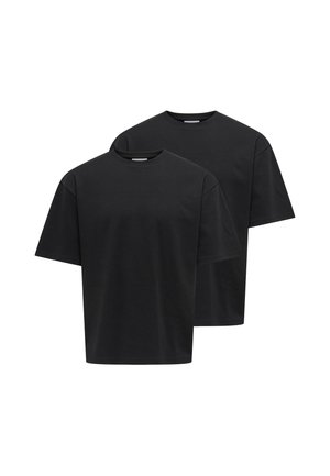 Zwei schlichte schwarze Kurzarm-T-Shirts mit Rundhalsausschnitt, frontal gezeigt, eines leicht hinter dem anderen auf weißem Hintergrund.