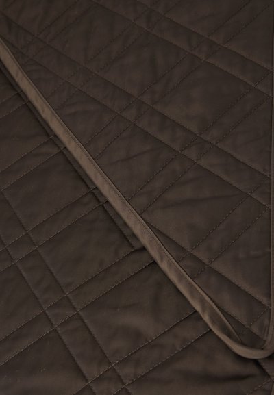 Brown quilted blanket featuring a diamond pattern with finished edges, made from smooth fabric with a soft texture.