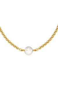 Auksinė grandinėlė su lygiu, apvaliu baltu perlu centre. Grandinėlės grandinės yra susipynusios ir blizgios, pabrėžiantys elegantišką dizainą.