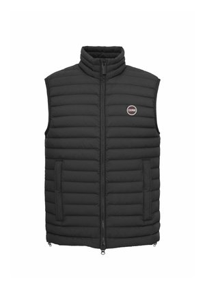 Veste sans manches noire matelassée avec col montant, fermeture éclair à l'avant, deux poches latérales et petit logo circulaire "Colmar" sur la poitrine.