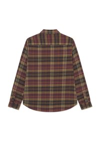 Camisa de cuadros en marrón, mostaza y negro, con mangas largas, un cuello clásico y puños abotonados. La vista trasera muestra patrones horizontales y verticales.